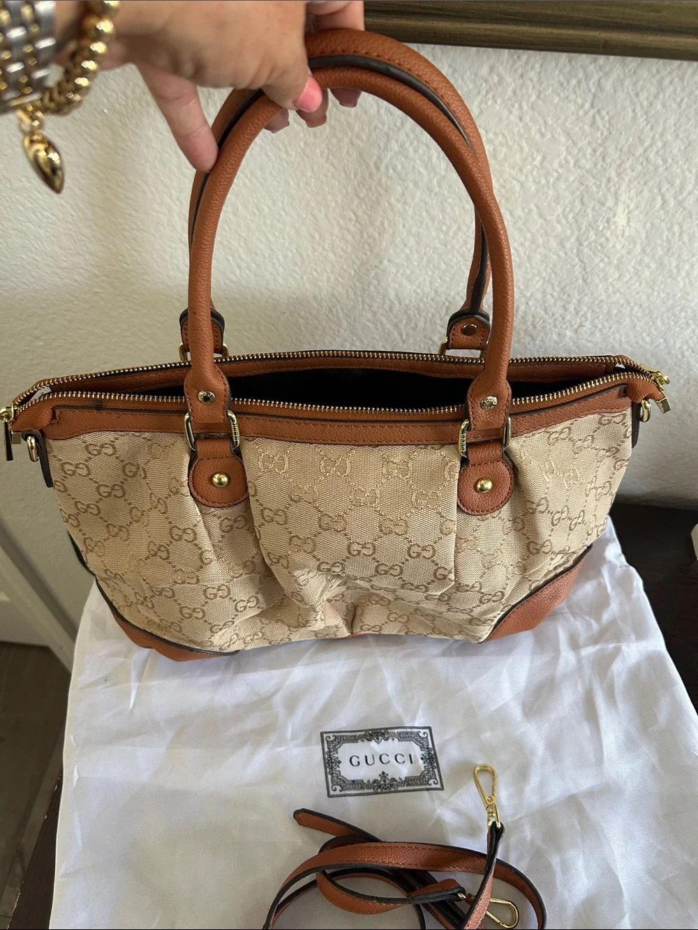 Beige Monogram Canvas Shoulder Bag with Brown Trim